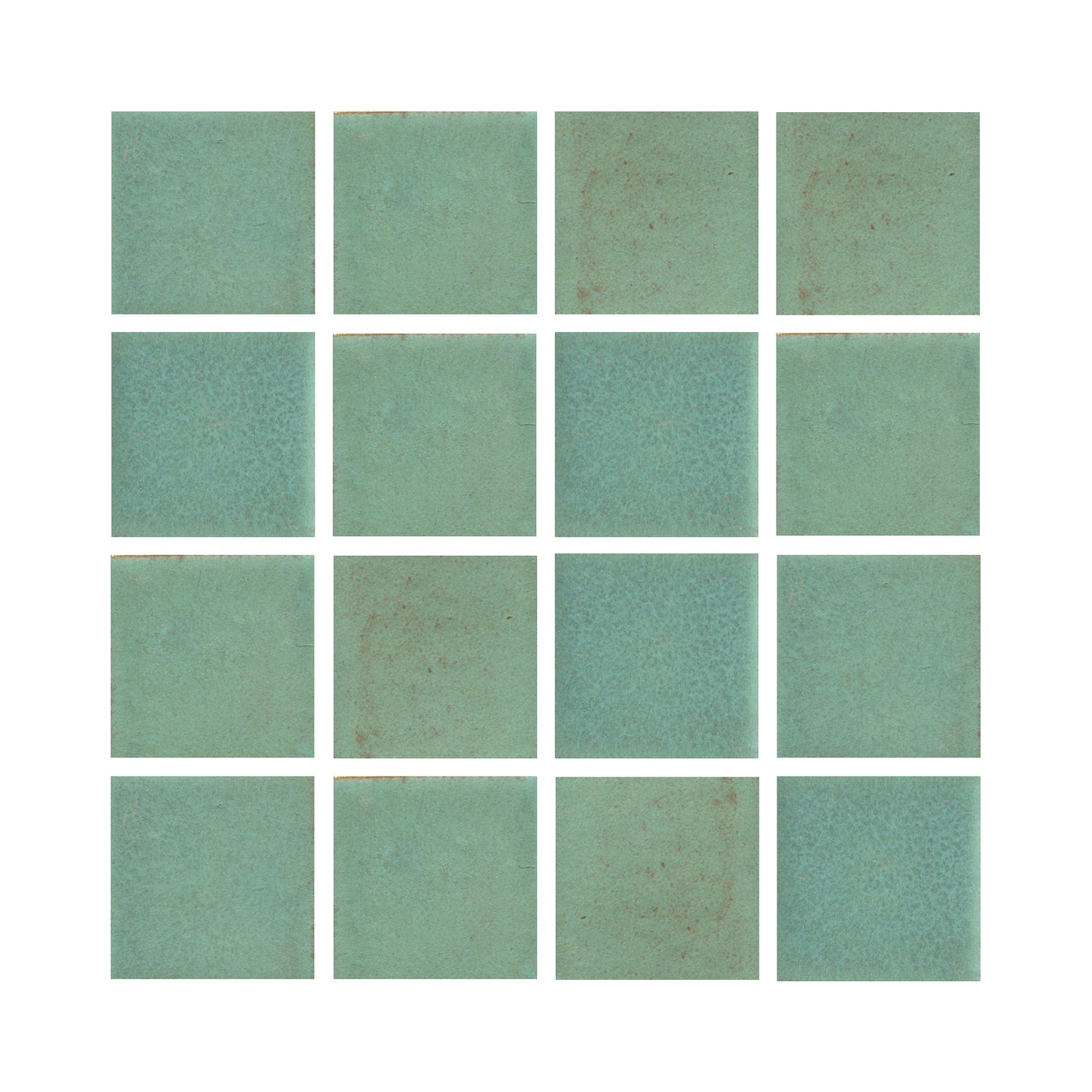 Copper patina 2x2 matte finish, transitioning in color from light green to turquoise.